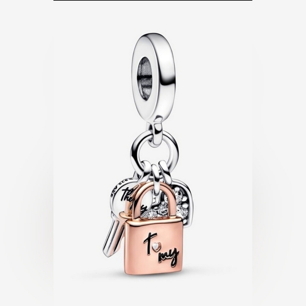 Authentic NEW Pandora Two-Tone Key Padlock & Heart Triple Dangle Charm 14K RGP